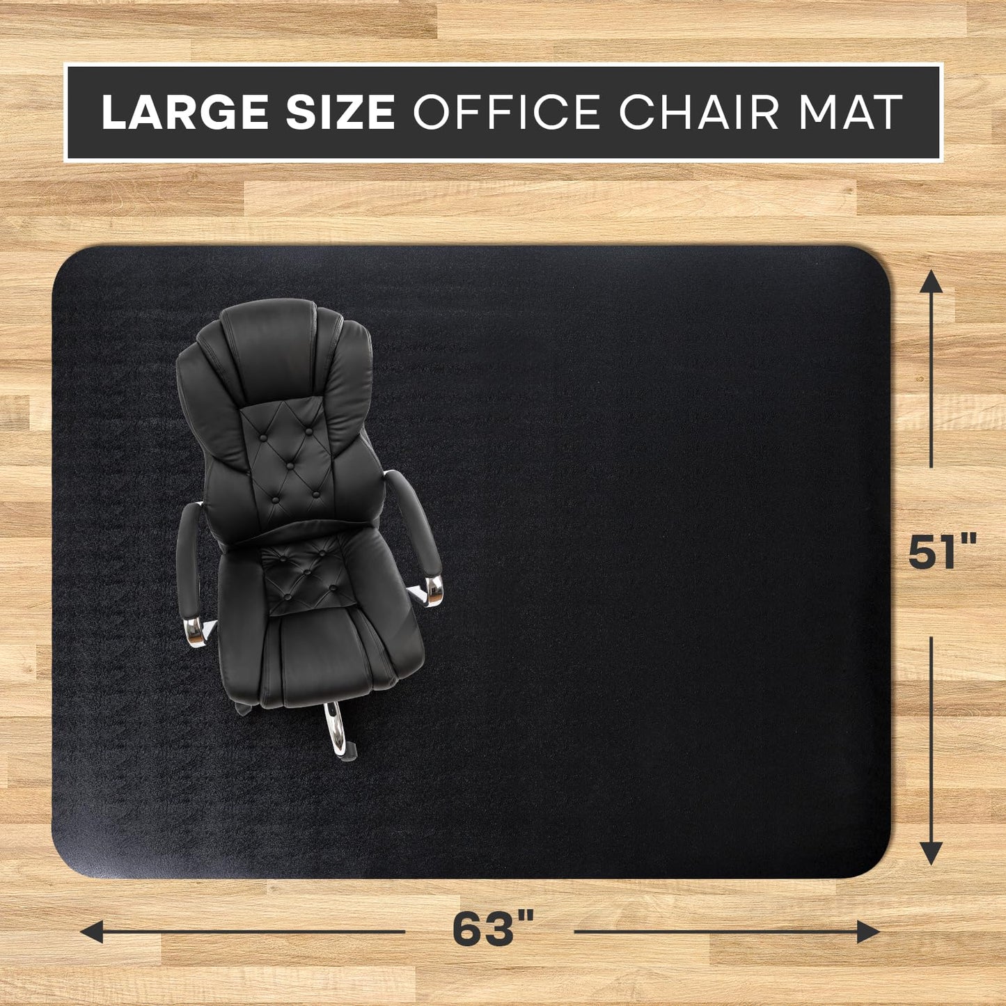 Office Chair Mat for Hardwood Floor: 63" x 51" Extra Large Black Office Chair Mats, Anti-Slip Rubber Floor Mat for Gaming Rolling Chair, Heavy Duty Sturdy Floor Protector Mat Under L Computer Desk