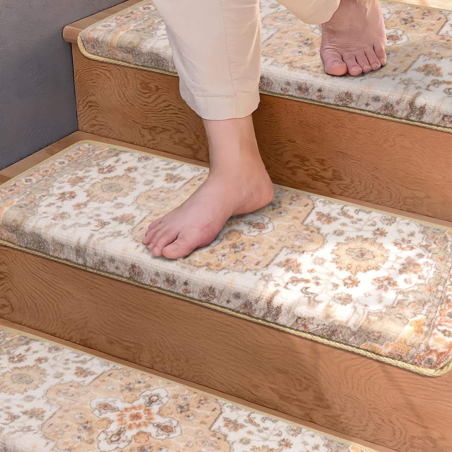 Brakki Bullnose Non-Slip Stair Treads for Wooden Steps, Carpet Stair Treads for Indoor Runner, Pet Friendly Soft Stair Rugs, Edging Stair Protectors Reusable, Washable, 30"x9.5"x1.5" 14pcs, Beige