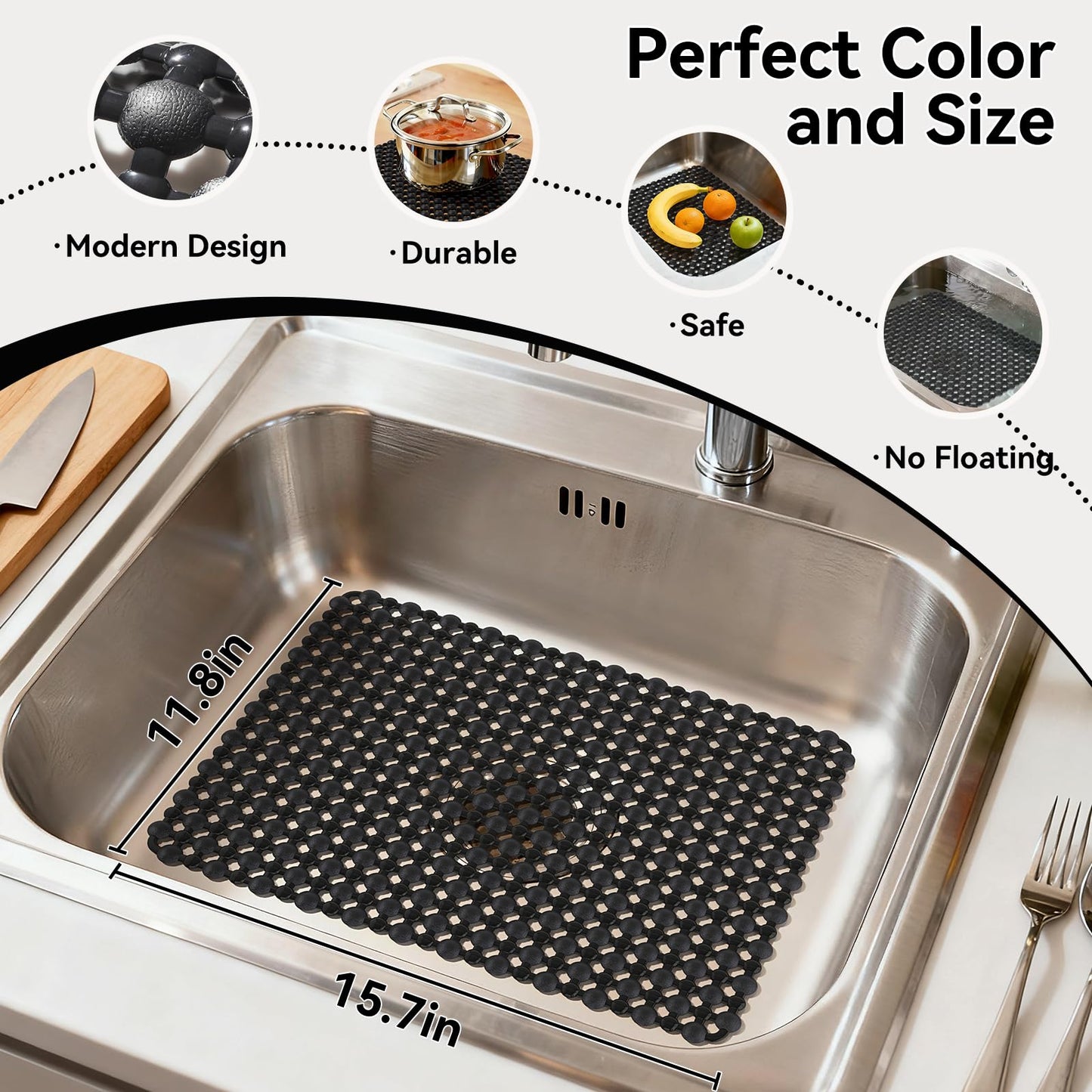 QiCaiJia Kitchen Sink Mat for Stainless Steel Ceramic Sinks, PVC Sink Protectors Mats for Bottom of Kitchen Sink, Dishes and Glassware Drain Mats, Durable and Fast Draining, Black 15.7 x 11.8 inch