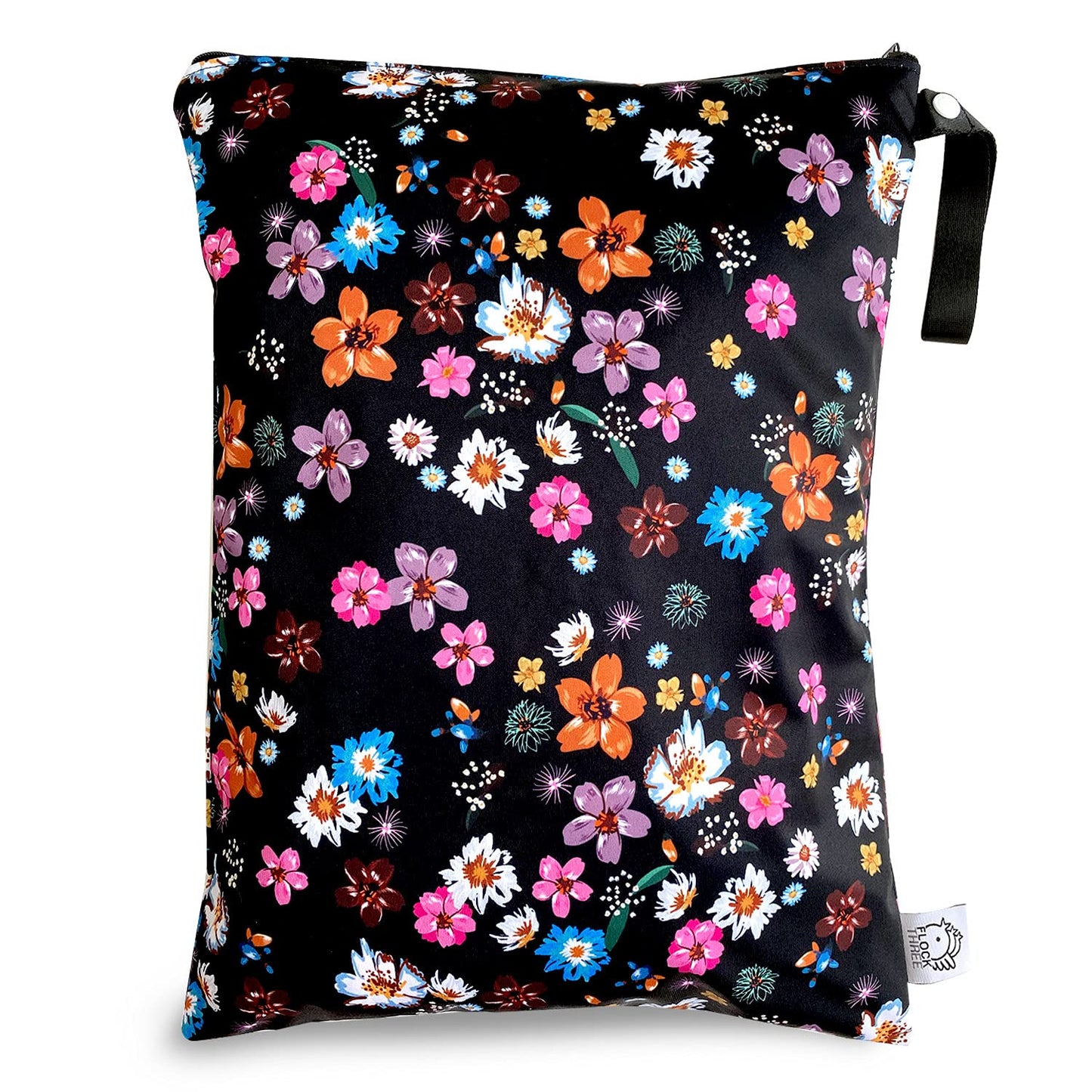 FLOCK THREE Washable and Reusable Wet Bag Diaper Bag Water Resistant Swimming Bag Pouch, Yoga Gym Bag Floral Print, 12.6'' x 16.5''