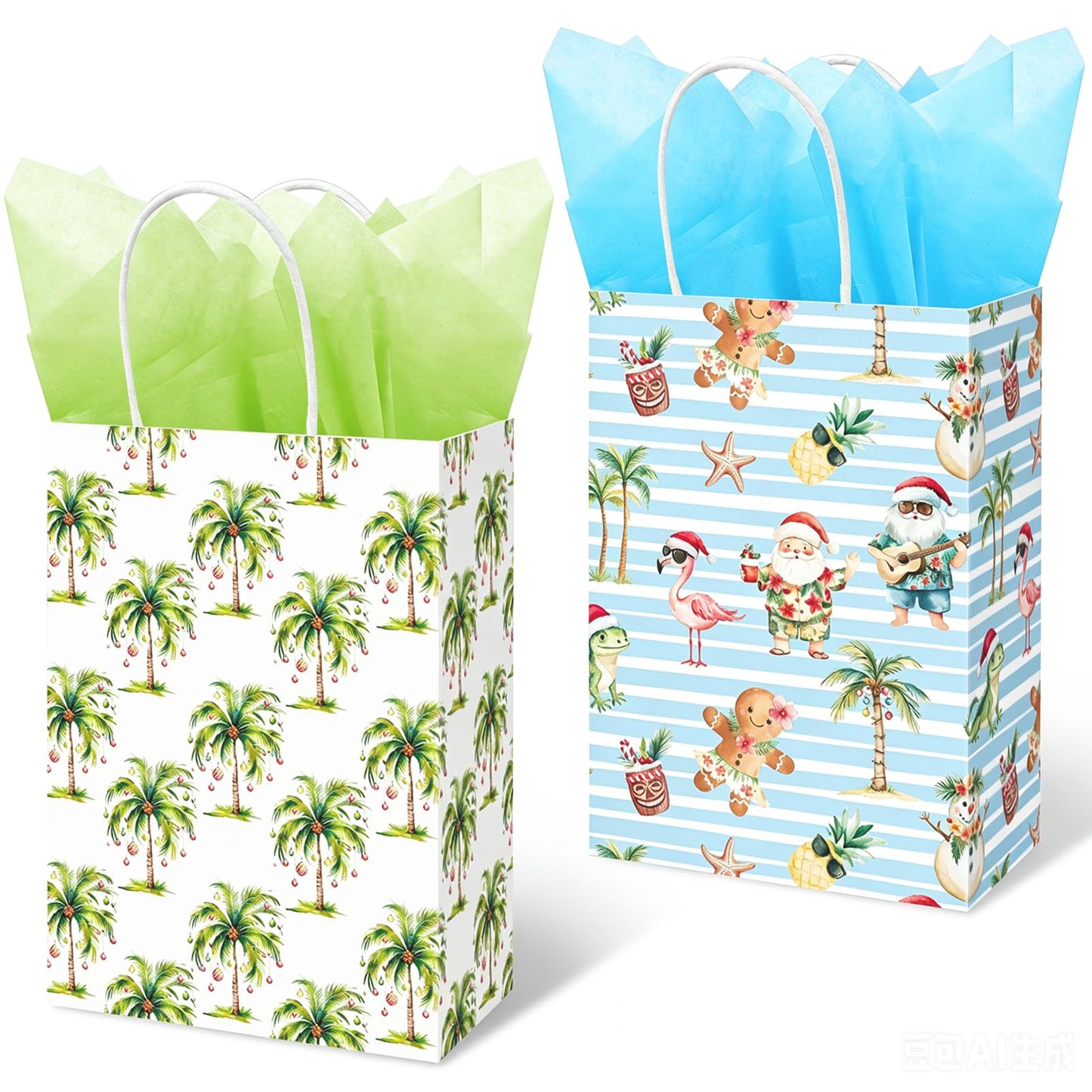JarThenaAMCS 16 Pcs Summer Christmas Paper Gift Bag Watercolor Xmas in July Coconut Tree Santa Claus Treat Bags with Handles Tissue Paper Tropical Candy Goodie Bags for Holiday Party Favors Supplies