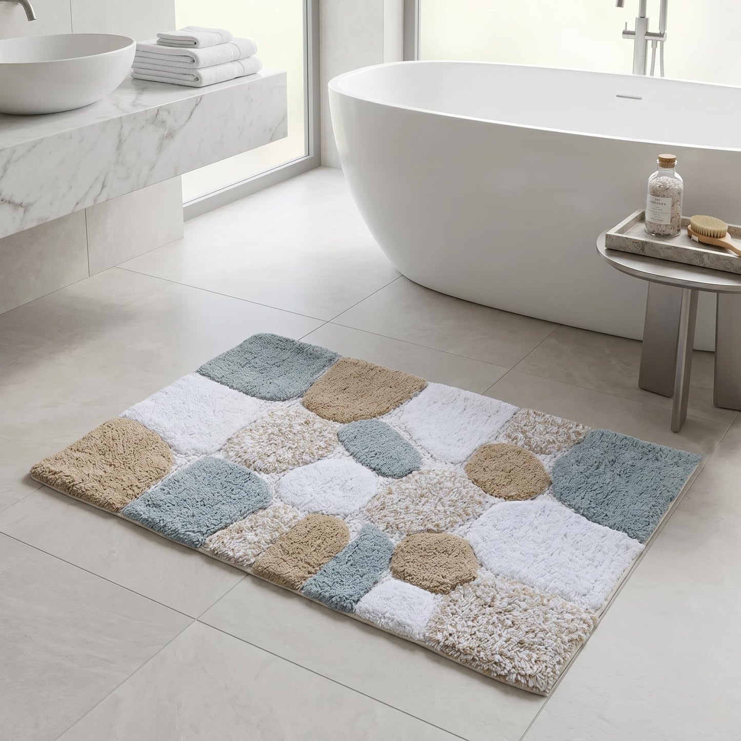 Cotton Pebble Stone Bath Rug 21x32 Inches - Grey Beige, Anti Slip Quick Dry Floor Water Absorbent Bathrug Ideal for Bathroom, Kitchen, Laundry Room | Soft Machine Washable Carpet for Tub Shower Patio
