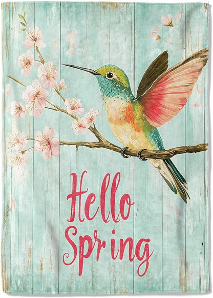 Bird Hello Spring Fleece Blanket - 40x50in Colorful Hummingbird and Cherry Blossom Throw Blankets,Soft Cozy Lightweight, Ideal for Bed Living Room Home Rustic Decor and Girls Women Gifts