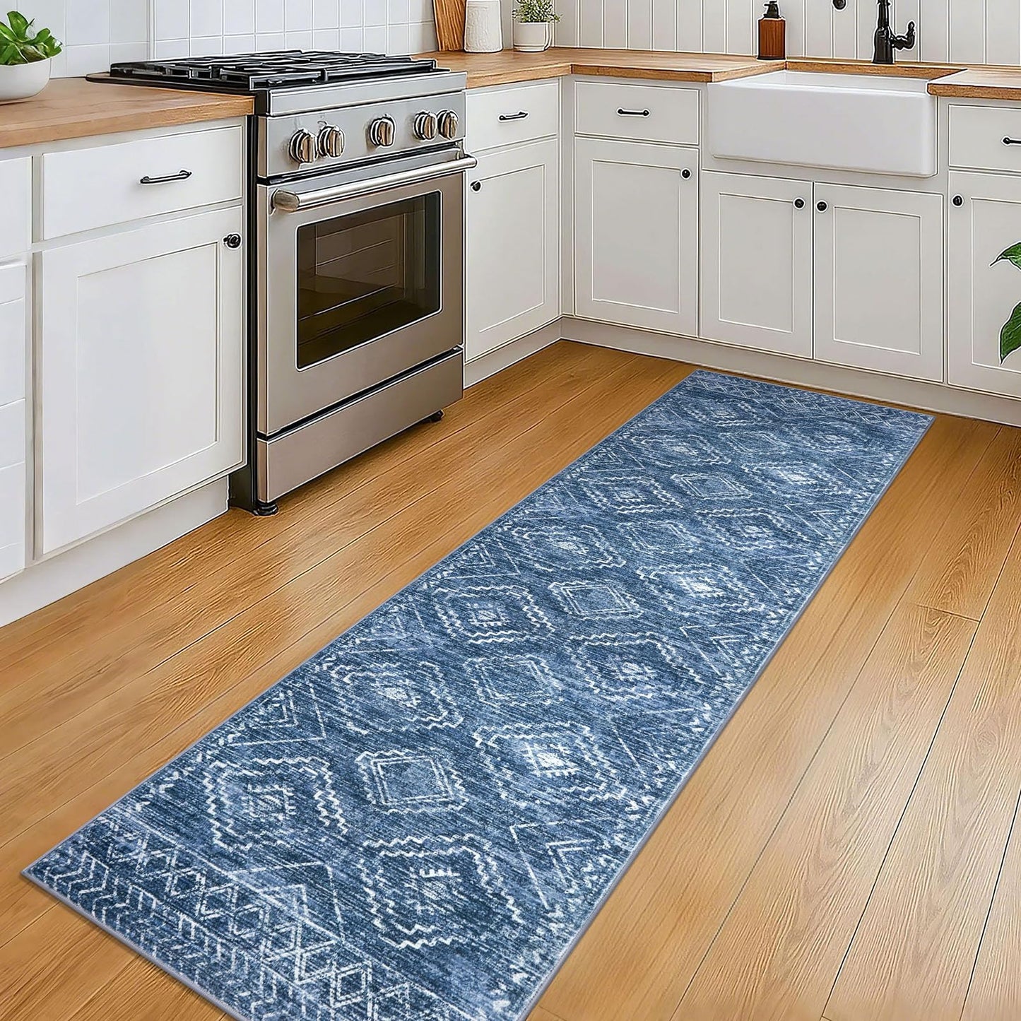 KILOCOCO Runner Rug 2x6 Non Slip Washable Runner for Hallway Kitchen Runners Soft Printed Low-Pile Machine Washable Foldable Floor Blue Runners Rug for Entryway Bedroom Living Room Bathroom