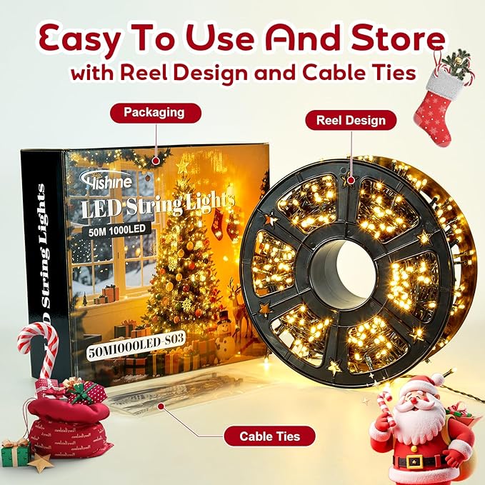 Hishine Outdoor Christmas Lights 164FT 1000LED, String Lights Indoor 8 Modes Waterproof Plug in Christmas Tree Light for Holiday, Warm White