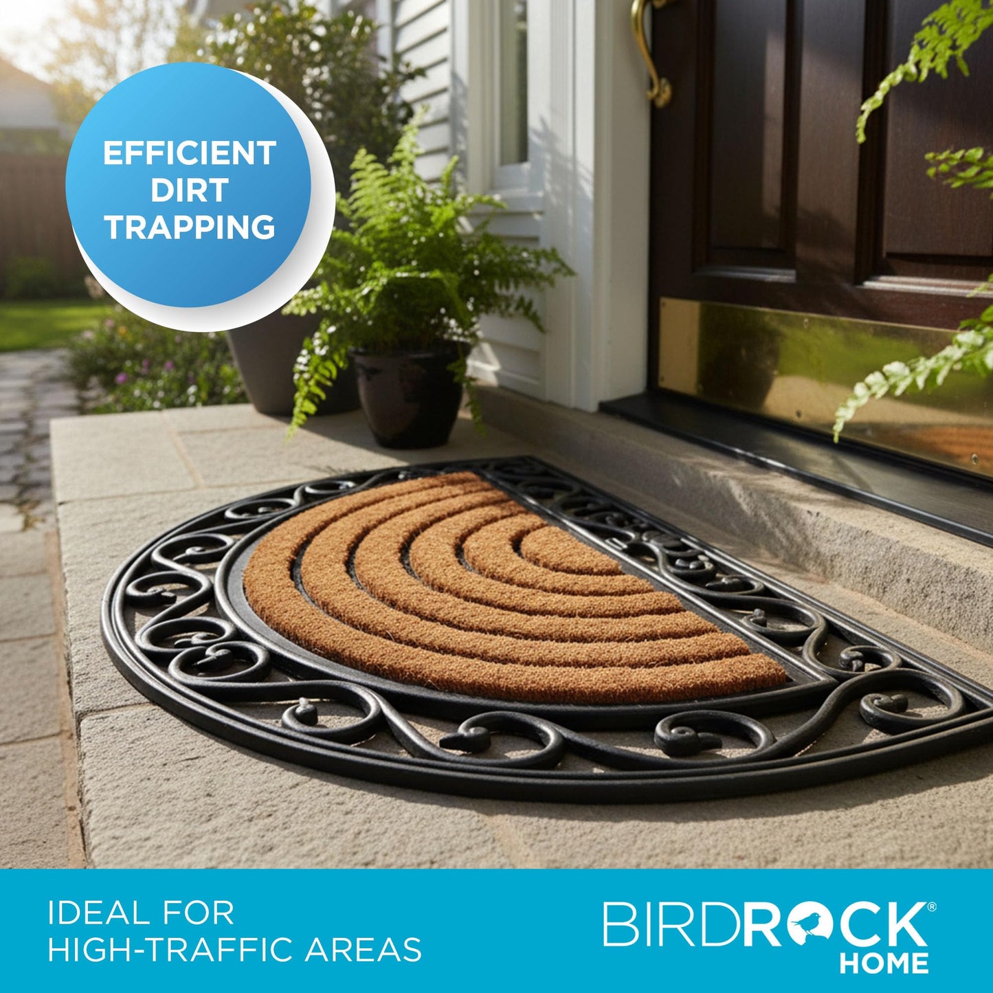 BIRDROCK HOME 18 x 30 Half Round Natural Coir and Rubber Doormat with Scroll Border | Natural Fibers | Outdoor Doormat | Keeps Your Floors Clean | Decorative Design | Brush Coir