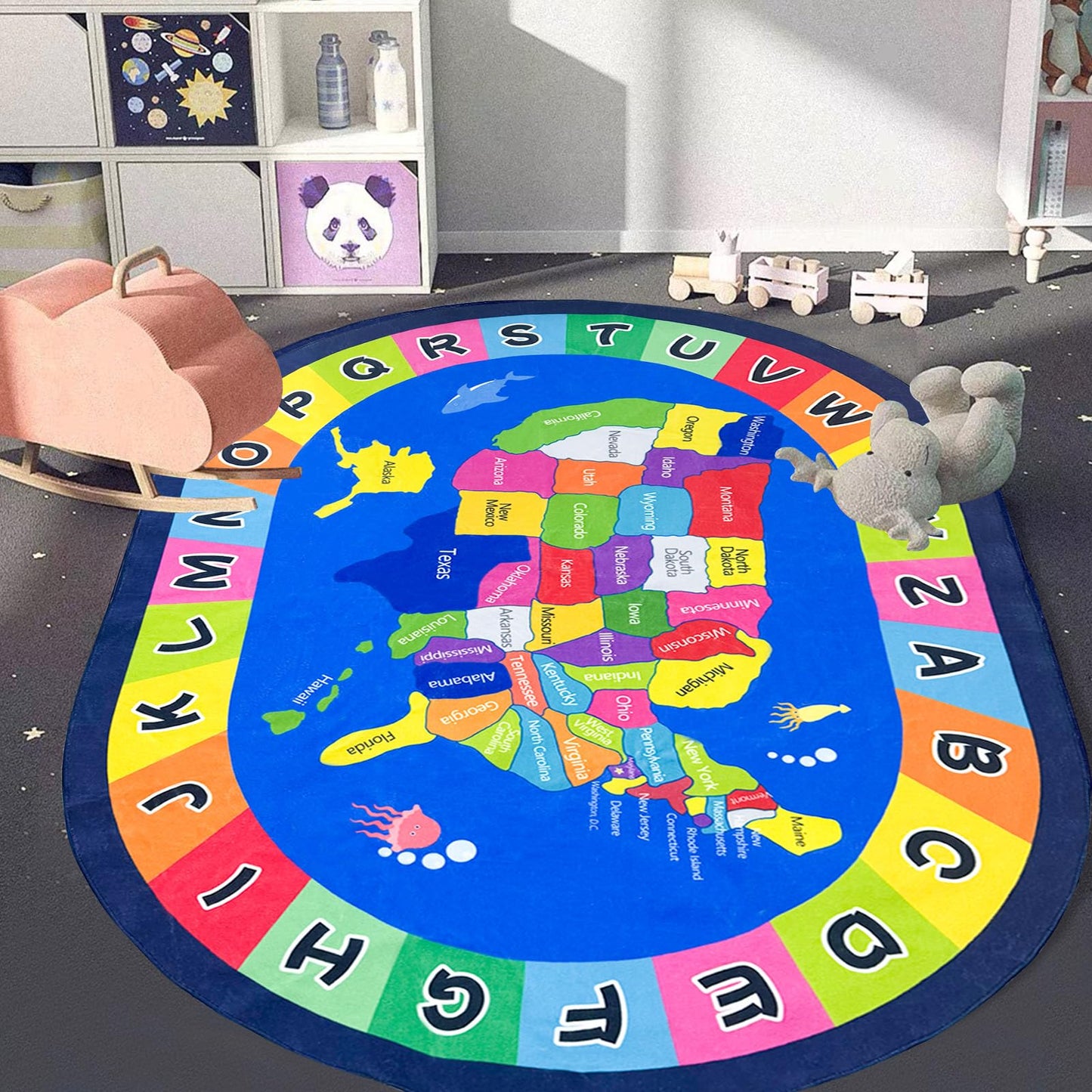 USTIDE Large Oval Kids Rug 6x9 Ft USA Map Area Rugs ABC Alphabet Educational & Fun Non-Slip Map Themed Play Mat for Bedroom Classroom Playroom