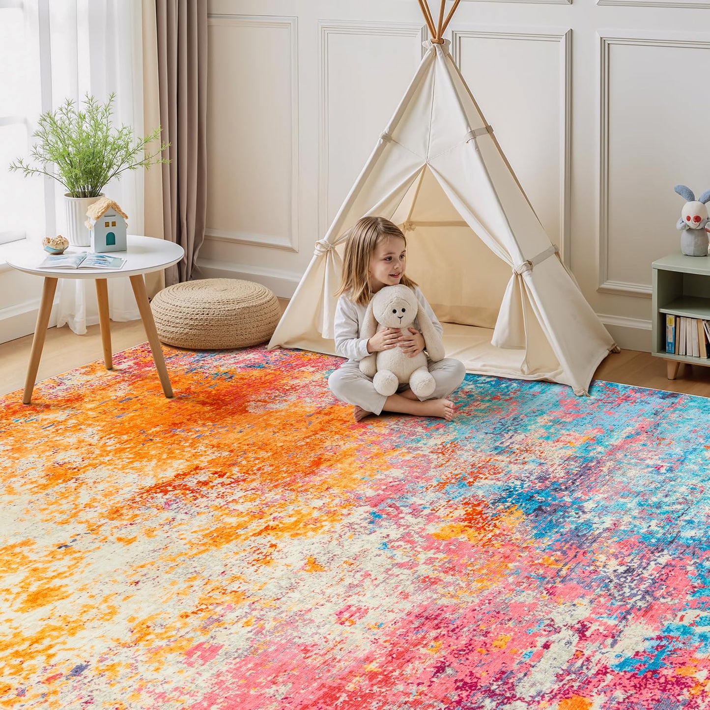 Rugflix 8x10 Area Rugs for Living Room, Colorful Rainbow Washable Rug Stain-Resistant Low Pile, Modern Large Carpet for Bedroom Dining Room Home Office Kids Room Nursery