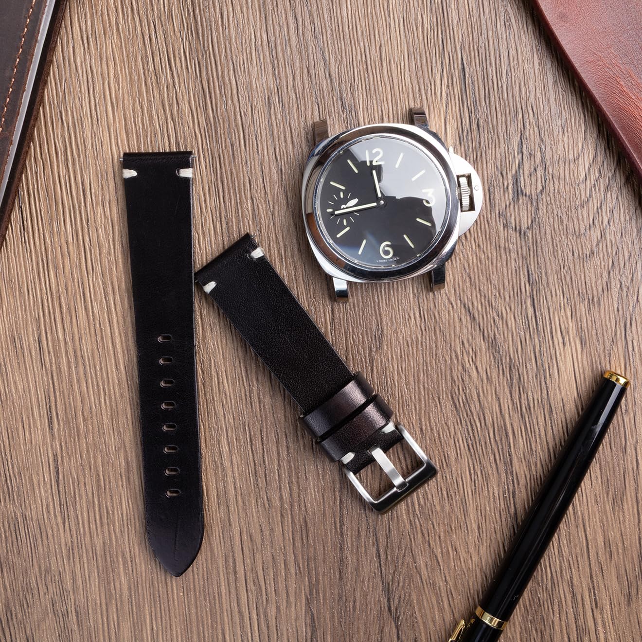 Berfine 18mm Leather Watch Band for Men Women, Vintage Handmade Quick Release Watch Strap Replacement, Thick Single layer, Black