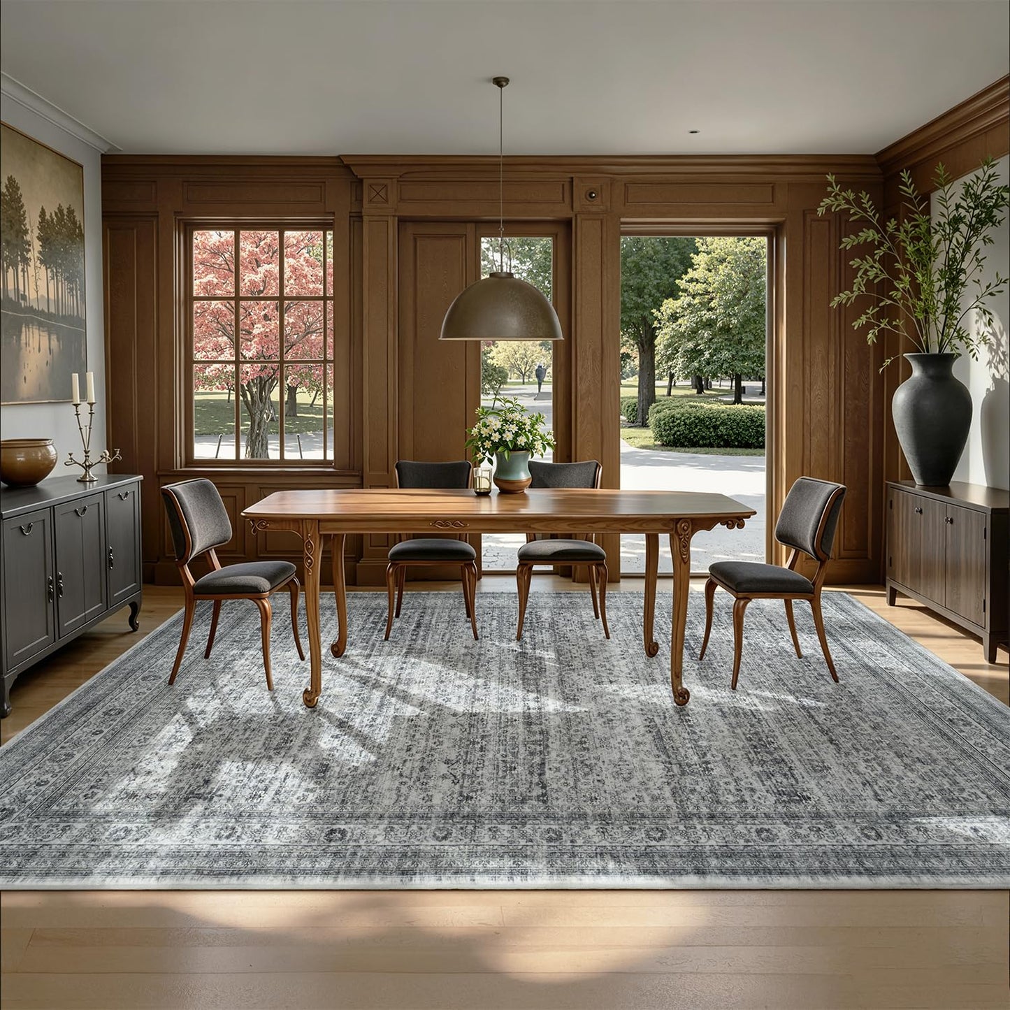 Vibrug Area Rug 6x9 Foggy Grey Vintage Washable Living Room Rugs Farmhouse Distressed Retro Floral Non-Slip Low Pile Stain Resistant Neutral Carpet for Office, Nursery, Lounge, Bedroom Foot of Bed