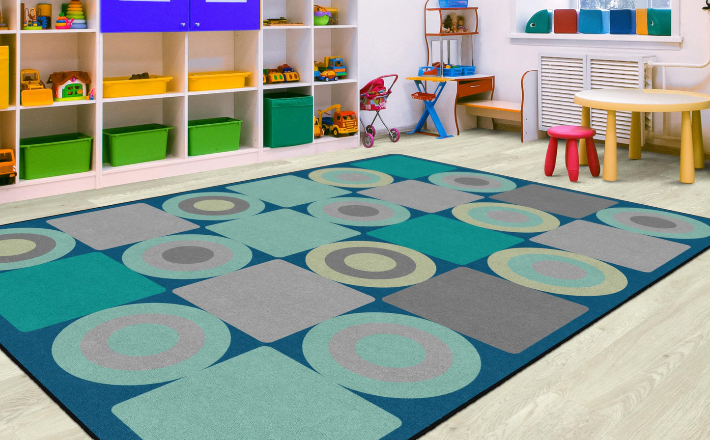 Flagship Carpets Tranquil Squares Classroom Rug for Preschools or Kindergarten, Calming Seating Design Area Rug for Reading Corner Circle Time, Durable Educational Rug for Daycares, 7'6" x 12' - Blue