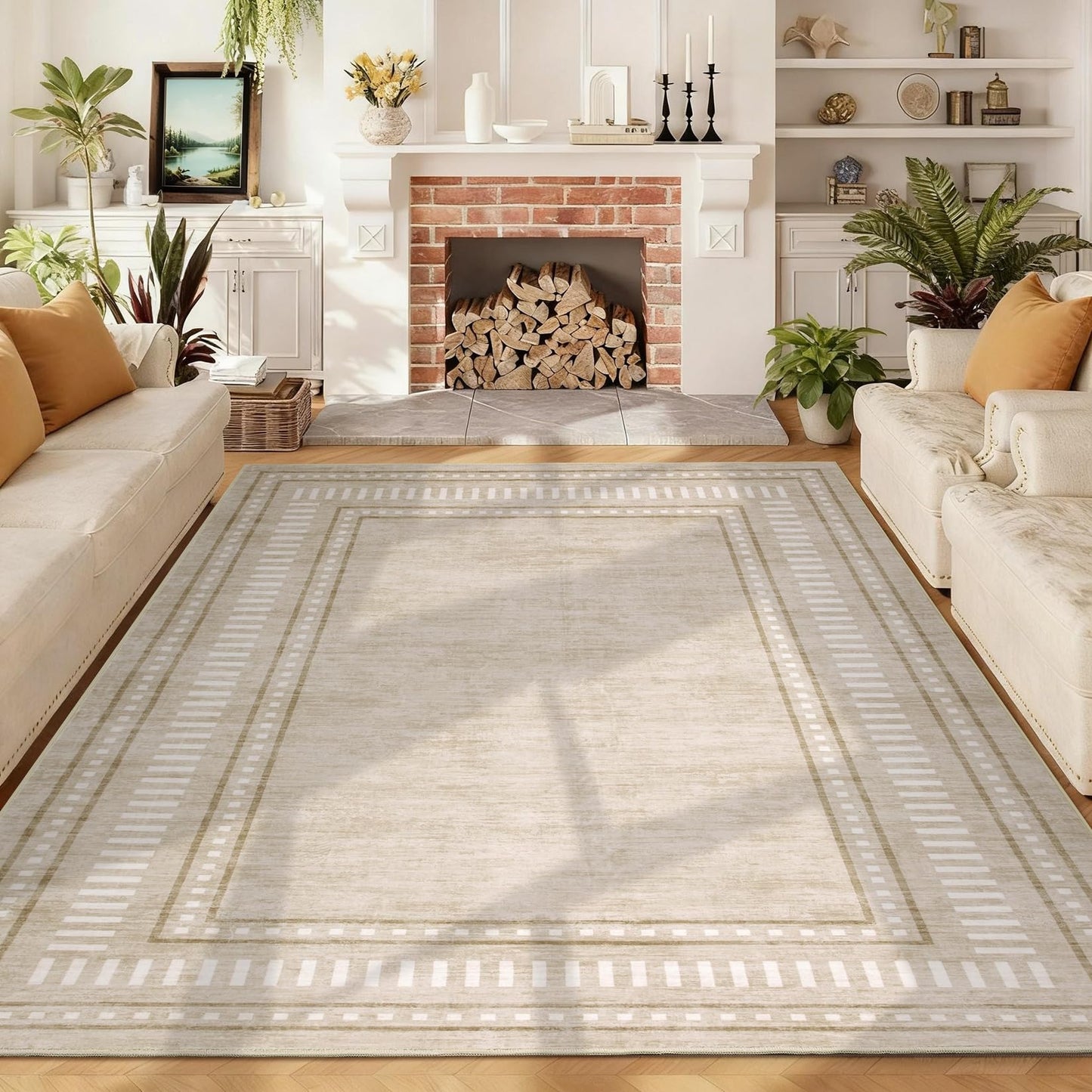 MilleLoom Bordered Area Rug 5x7 Washable Rugs for Living Room Non Slip Soft Rugs Indoor Geometric Floor Cover Non-Shedding Stain-Resistant Carpet for Bedroom Dining Room Office Nursery Dorm Beige