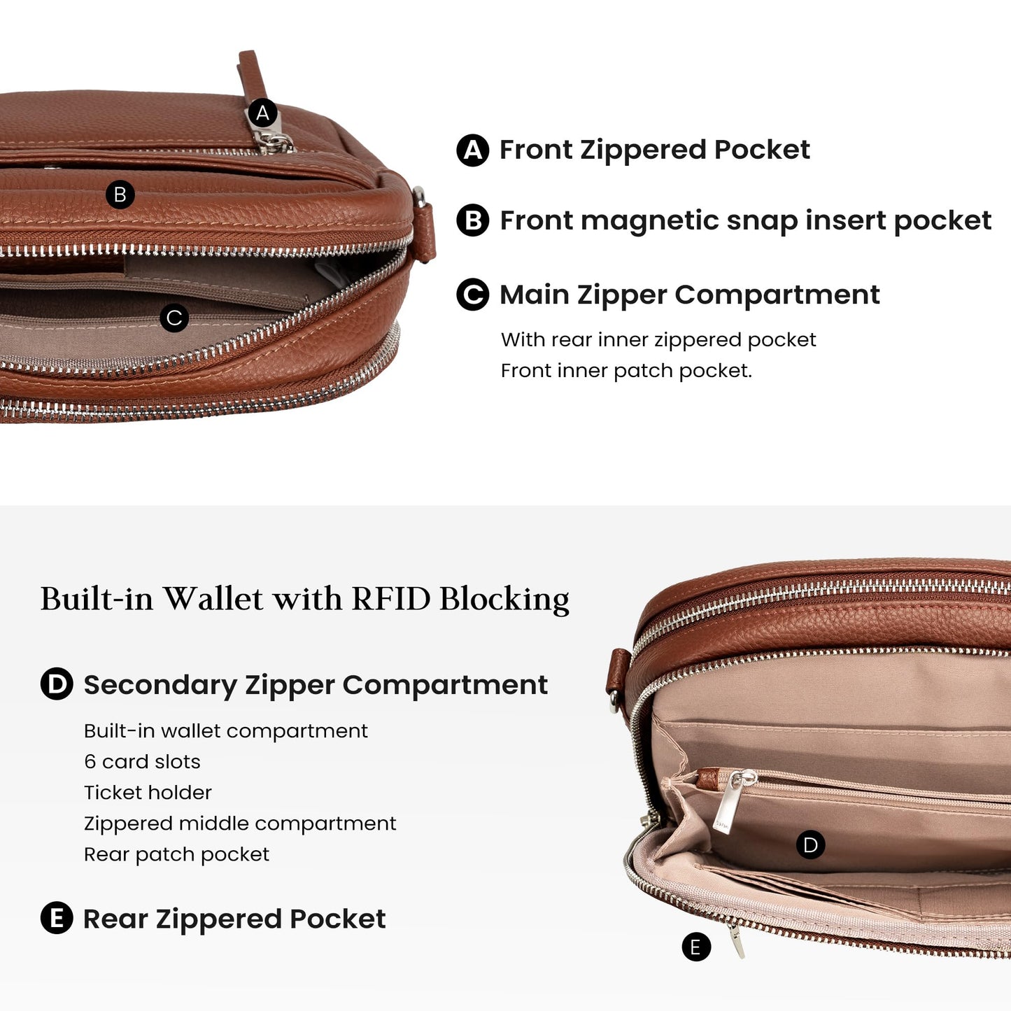 befen Genuine Leather Crossbody Bags for Women Small Camera Purses with Built in RFID Wallet Woman Shoulder Bag Handbags (Dark Brown)