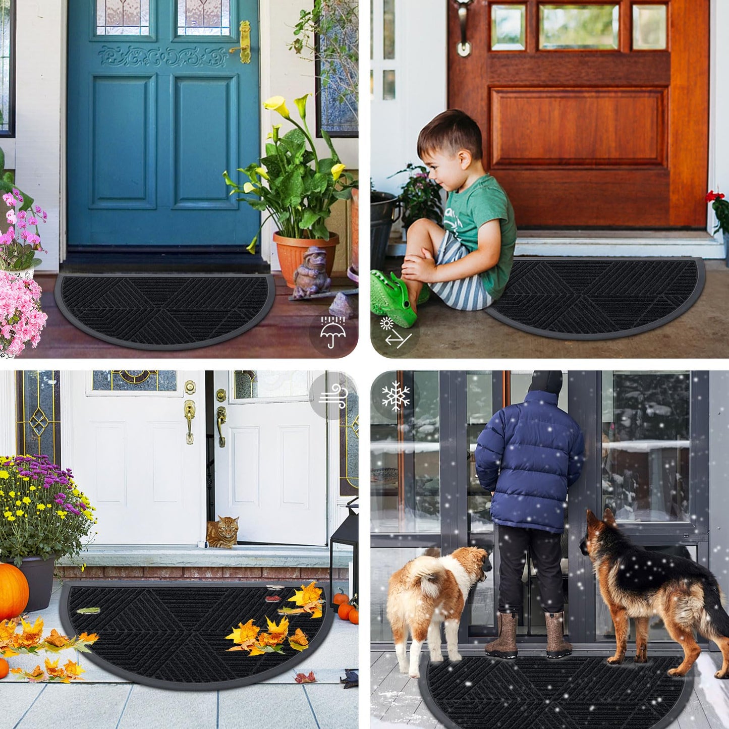 Smiry Half Circle Front Door Mat Outside Entrance, Heavy Duty Sturdy Natural Rubber Doormat, Trap Dirt and Moisture, Low Profile Mats for Indoor Outdoor Entry, Irregular Triangle (29.5x17, Black)