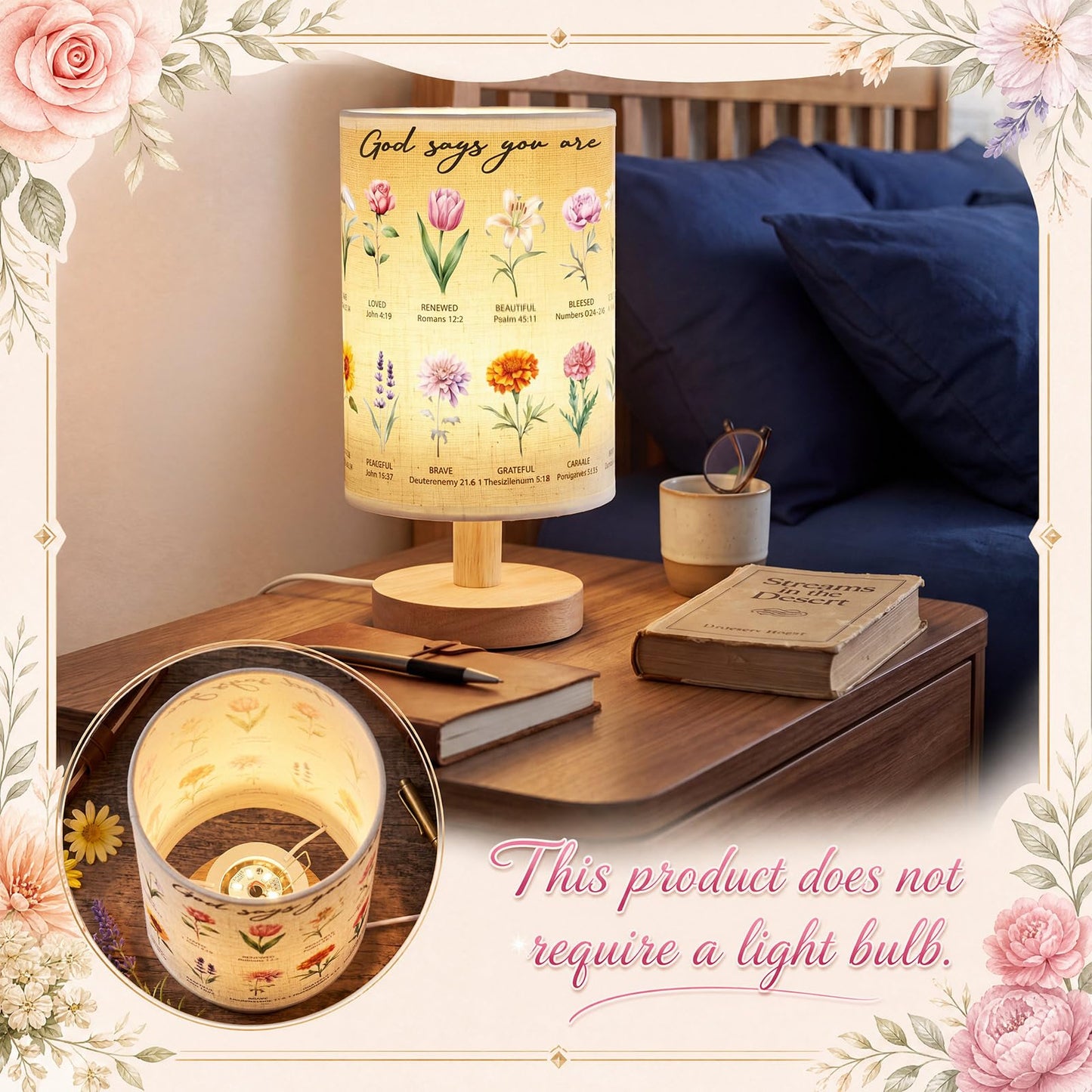 Gerrii Christian Gifts for Women Floral Table Lamp with Bible Verses, 9.6" Small Boho Bedside Lamp with Wooden Base, Religious Room Decor for Mom Friends Birthday Christmas