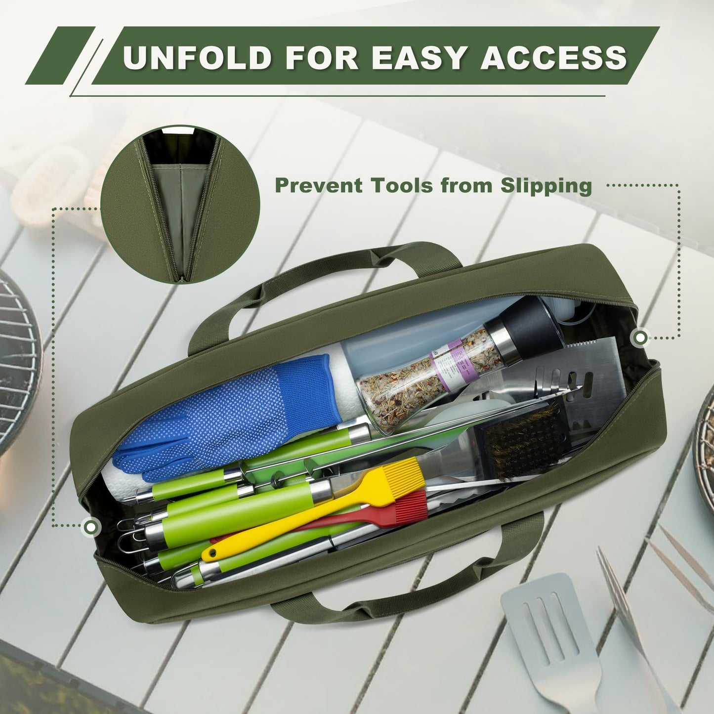 HODRANT Grill Tool Storage Bag, Outdoor BBQ Utensil Holder for Barbecue Tool up to 22", Large Grill Utensil Storage Caddy with Pockets, BBQ Accessories Case Container for Camping, Bag Only, Green