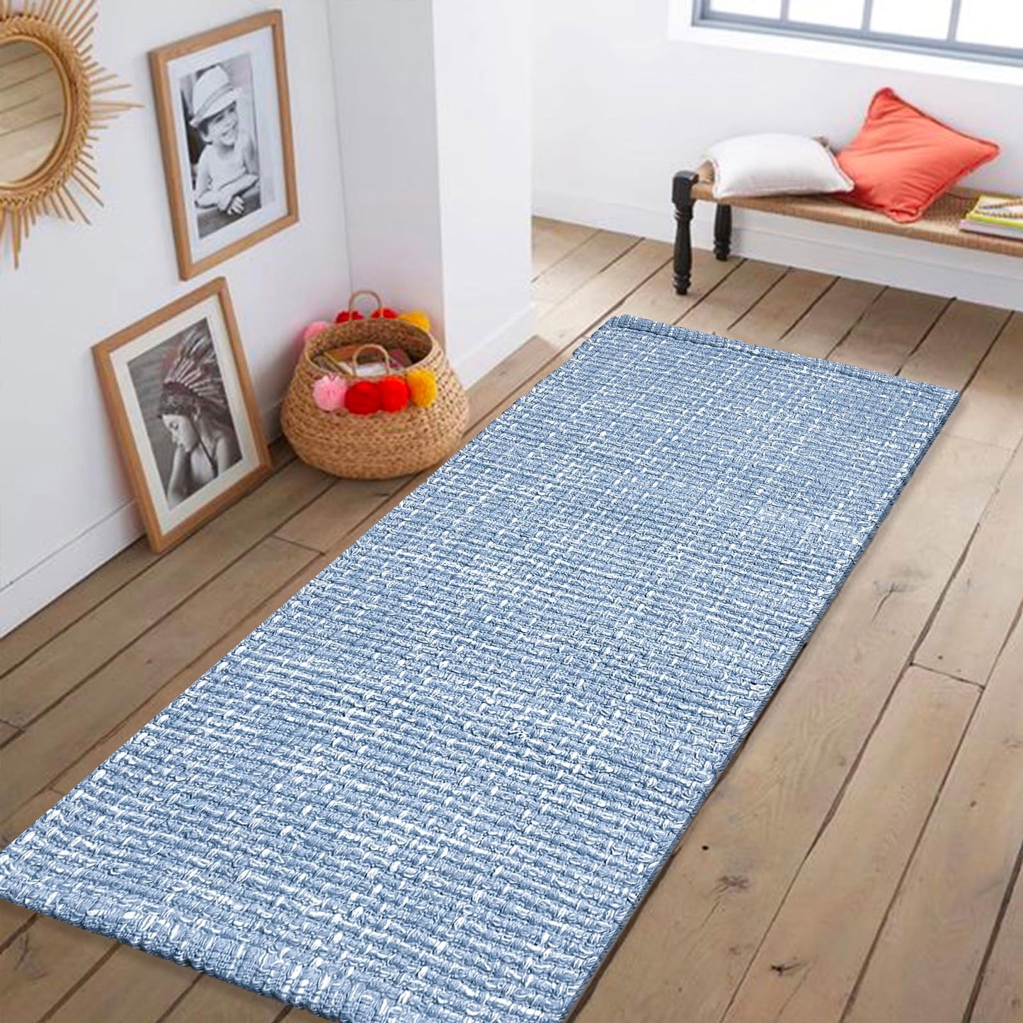 Chardin home Blue & White Reversible Runner Rug, 2x5 feet Machine Washable Cotton Rug, Perfect for hallways, stairwell, Kitchen Bedroom