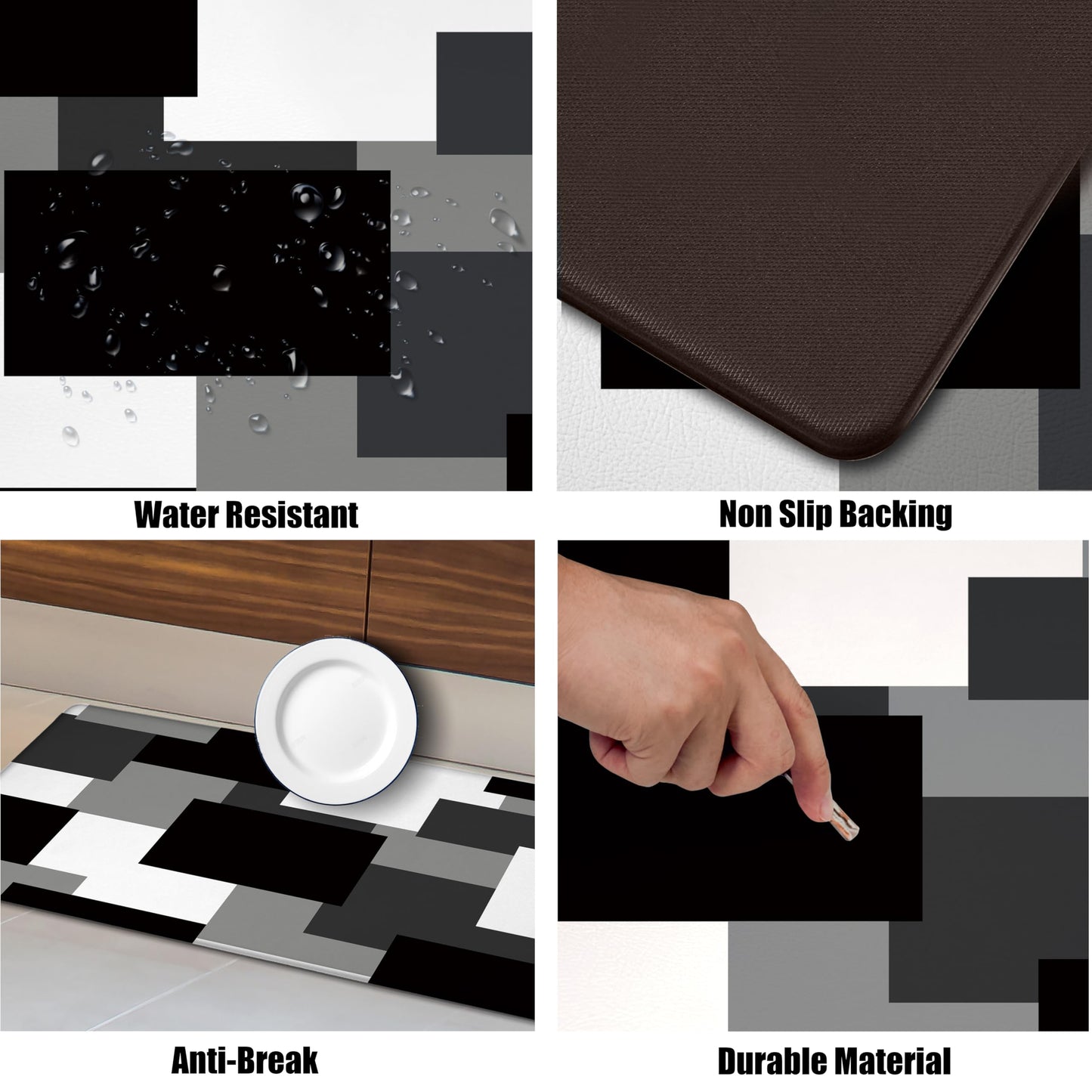 Tyrot Black Grey Kitchen Rugs Set of 2 Cushioned Anti Fatigue Kitchen Mats for Floor Non-Slip Waterproof Kitchen Floor Mats Geometric Ergonomic Cushioned Comfort Standing Mat for Laundry, Office, Sink