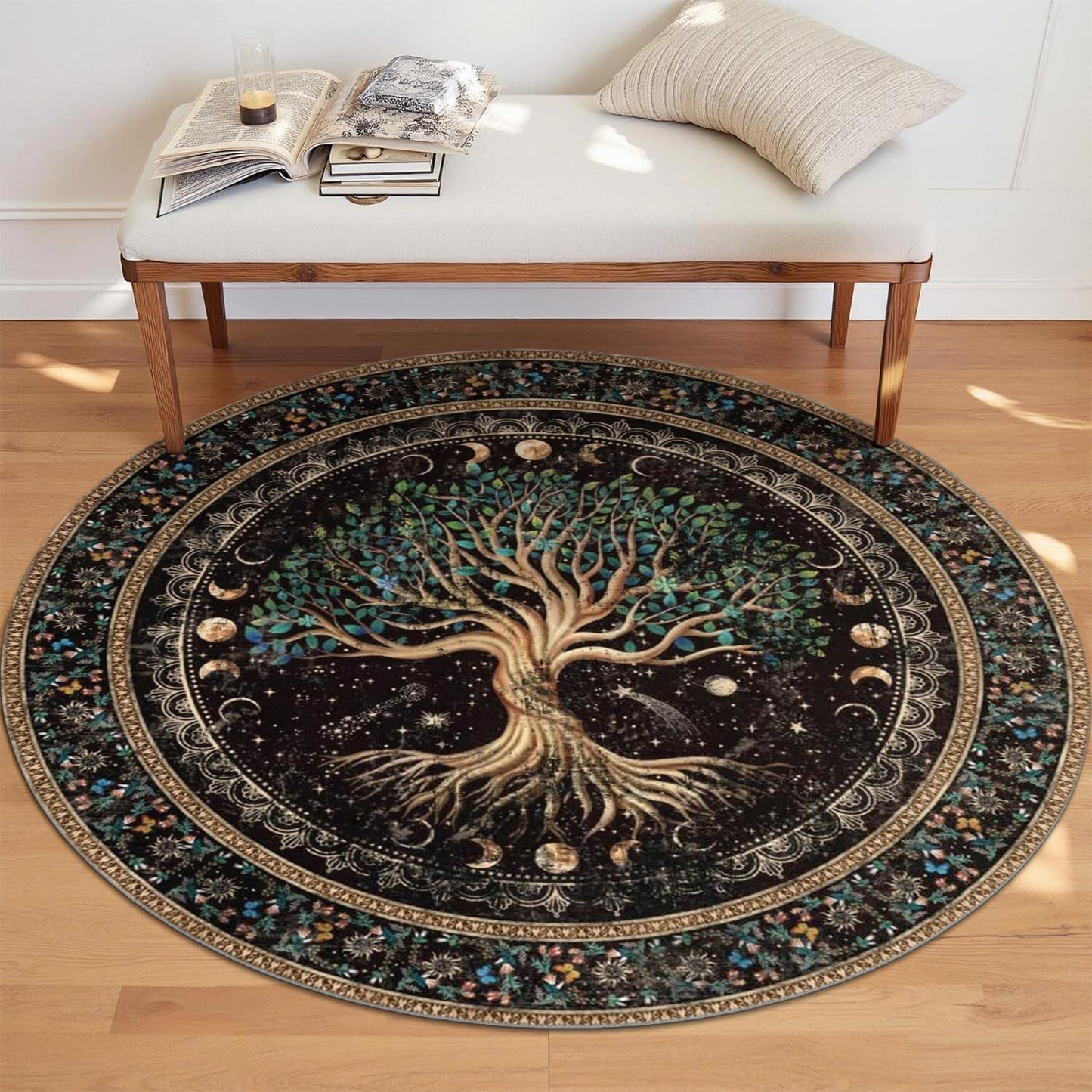 wesncdch Non-Slip Washable Boho Area Round Rug for Living Room Reading Corner 4ft,Bohemian Mandala Moon Phase Tree of Life Floral Soft Indoor Throw Rugs for Bedroom,Kitchen,Laundry,Bathroom Decor