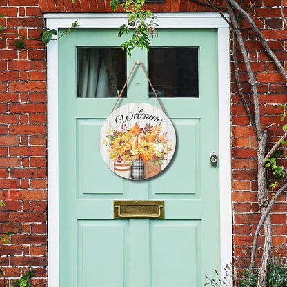 Fall Welcome Sign Door Sign 12"x12" Rustic Fall Decorations Hanging Door Sign Thanksgiving Farmhouse Welcome Round Wooden Sign for Home Front Door Wall Porch Yard Garden