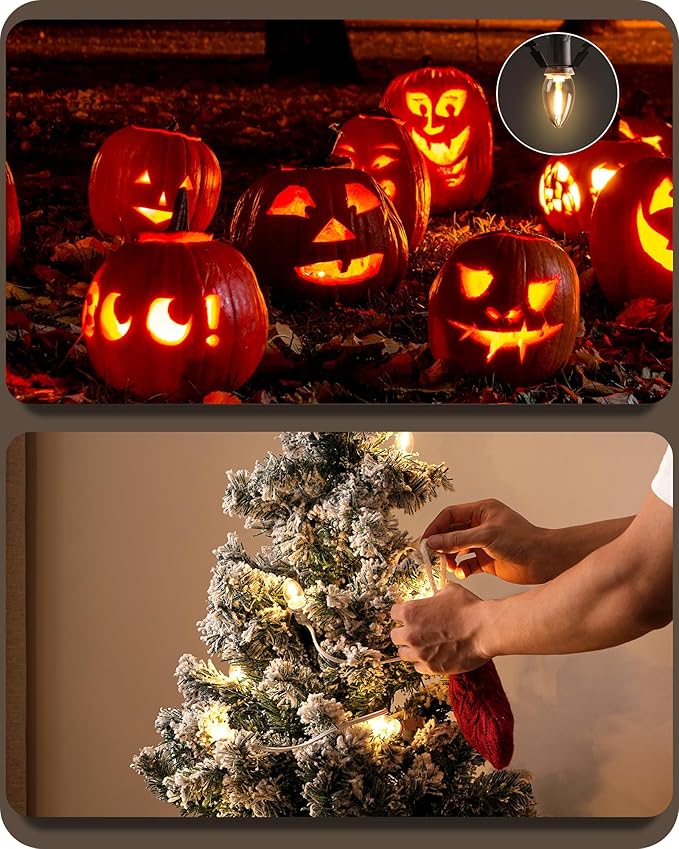 Christmas Village Lights with 12 LED Warm White Bulbs, C7 Light Cord for Christmas Village Houses, Pumpkin Crafts, Halloween & Holiday Decorations