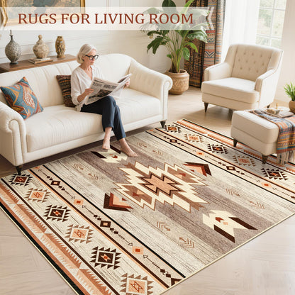 B BENRON Western Rugs for Living Room, Non Slip Rustic Rug for Bedroom Dining Table Kitchen, Washable Aesthetic Area Rugs for Home Decor, 5ft x 7ft, Warm Beige