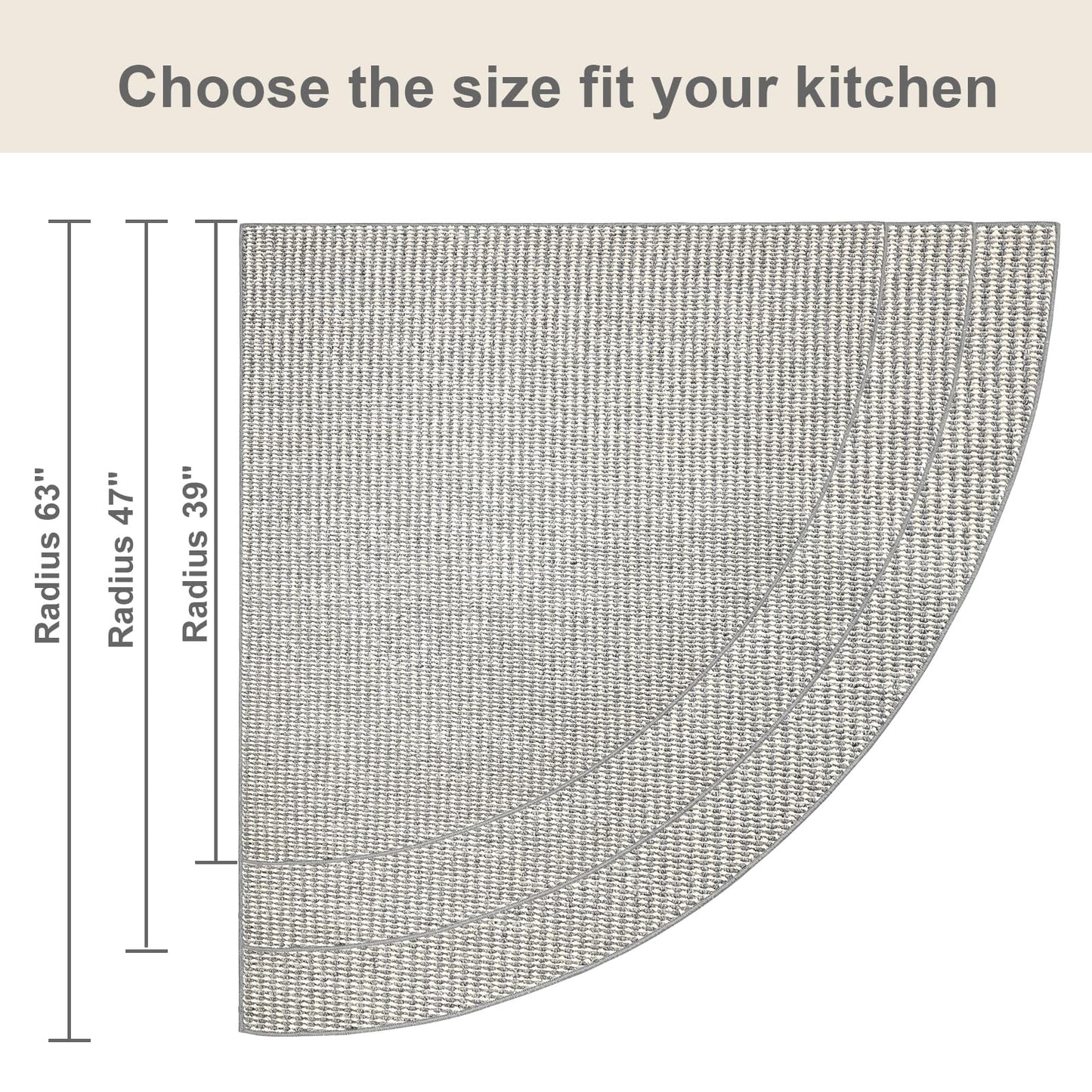 HOMELEPHANT Corner Kitchen Rug Non Slip Washable, Faux Sisal Fan-Shaped Corner Kitchen Mat, Circular Sector Corner Reading Rug, Radius 100cm, White/Grey