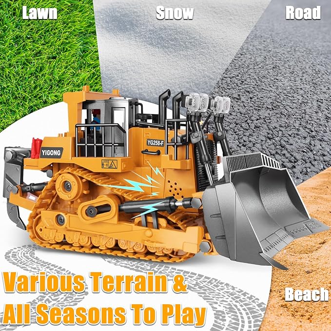 Remote Controlled Bulldozer 9-Channel Metal RC Construction Vehicle Toy with Lights Sound and Rechargeable Battery Remote Controlled Bulldozer Toy Gift for Kids Boys Girls Aged 4-12 (2.4 GHz)