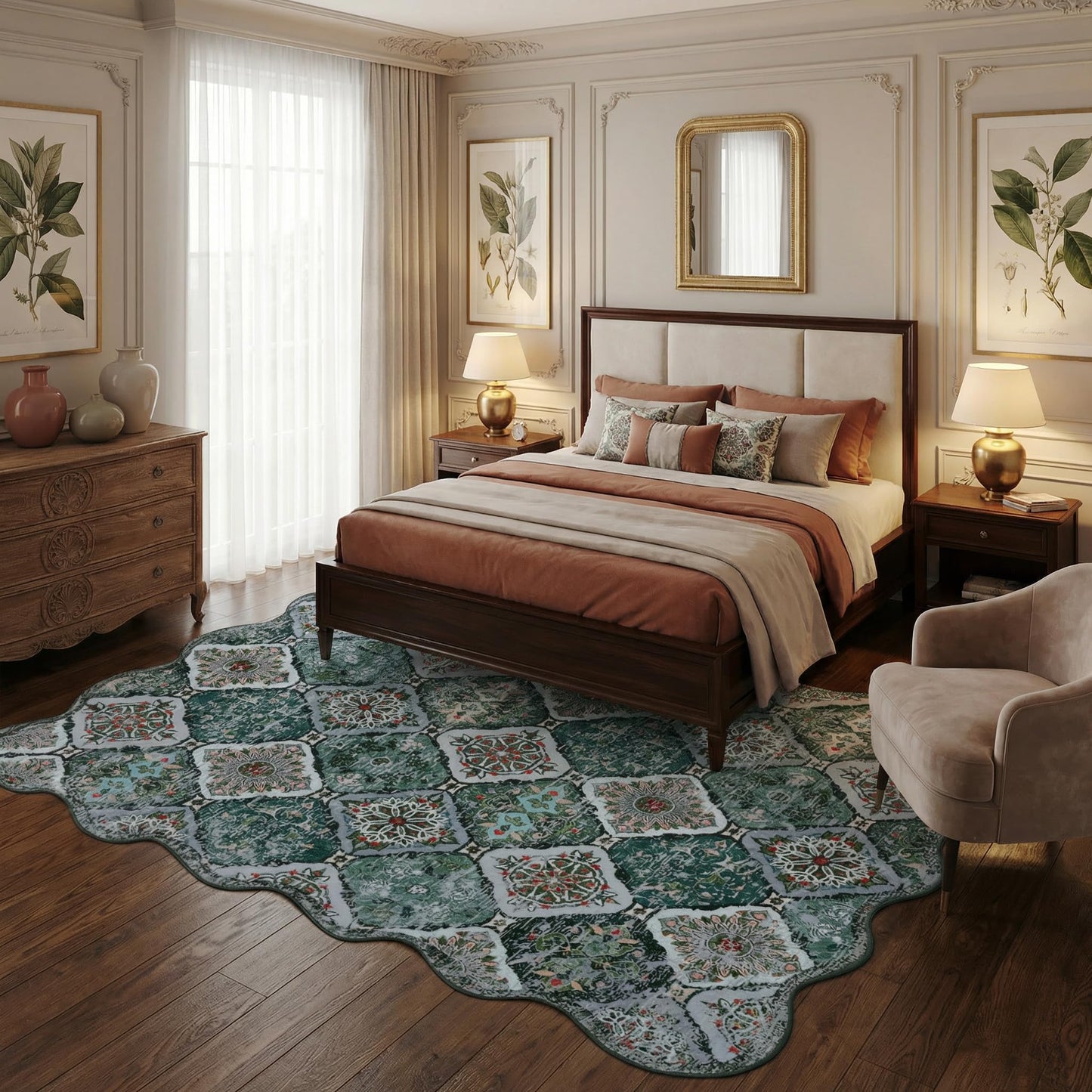 Clemile Moroccan 5x7 Area Rug, Unique Scalloped Ultra-Thin Soft Washable Rug, Non-Slip Stain Resistant Lightweight Low-Pile Carpet for Living Room Bedroom Dining Room Office (Green)