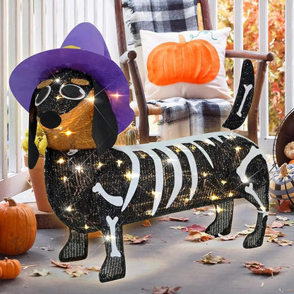Pre-lit 25.5 Inches Long Halloween Skeleton Dachshund Dog with Witch Hats with Twinkle Lights Indoor Outdoor Decorations Halloween Decorations Lights for Home Garden Party Yard Decor Black