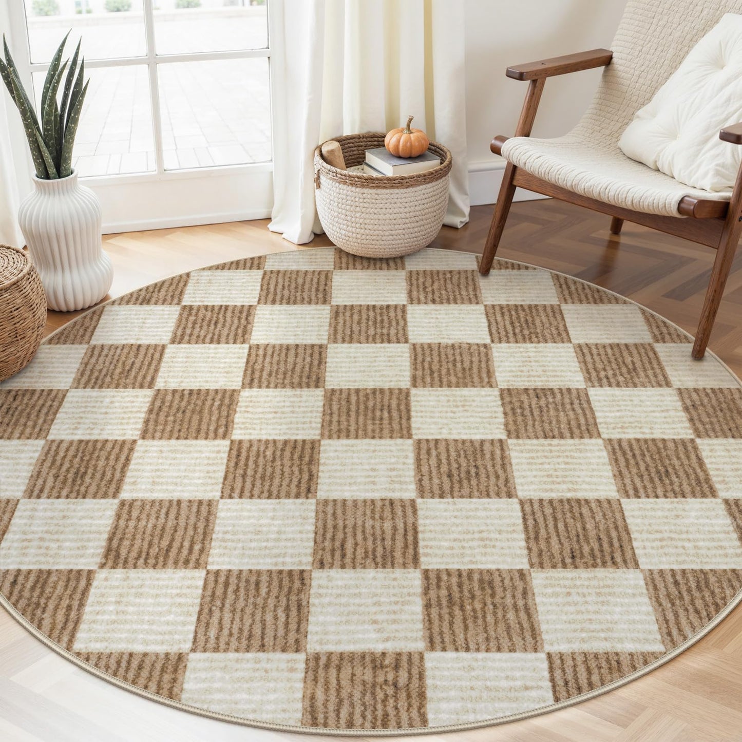 LIVEBOX Checkered Round Rug 6 Ft Washable Area Rug for Playroom Classroom, Kids Non-Slip Neutral Classic Circle Rug Geometric Large Carpet Soft Boys Nursery Rug for Dorm Bedroom(Brown,180R)