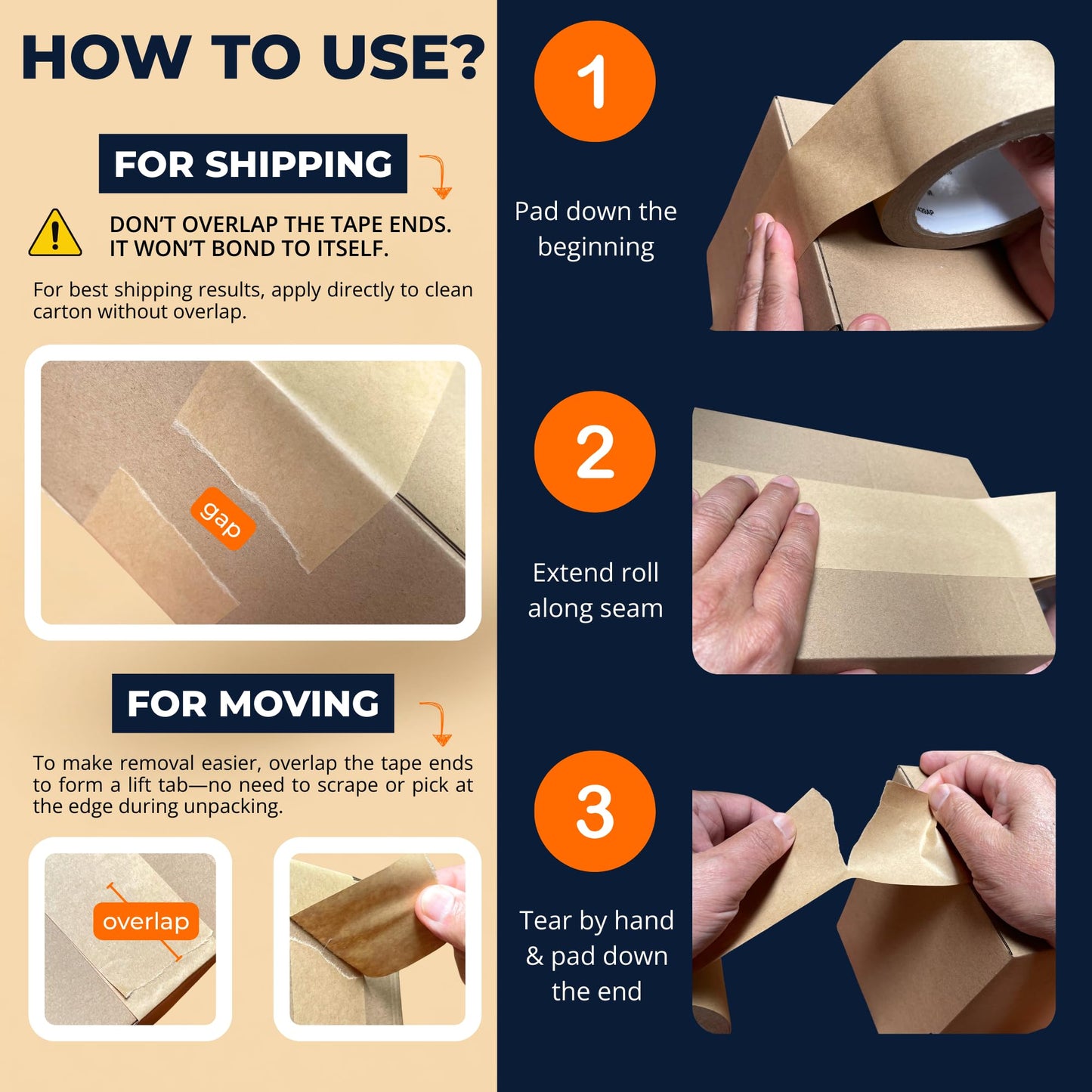 Elasticpack Paper Packing Tape 4-PK - Non-Reinforced, 1.9” x 55 yd – Tears by Hand, Biodegradable, Sharpie-Writable – Box Storage, Framing, Labeling & Crafts - Tape Gun Compatible, Kraft