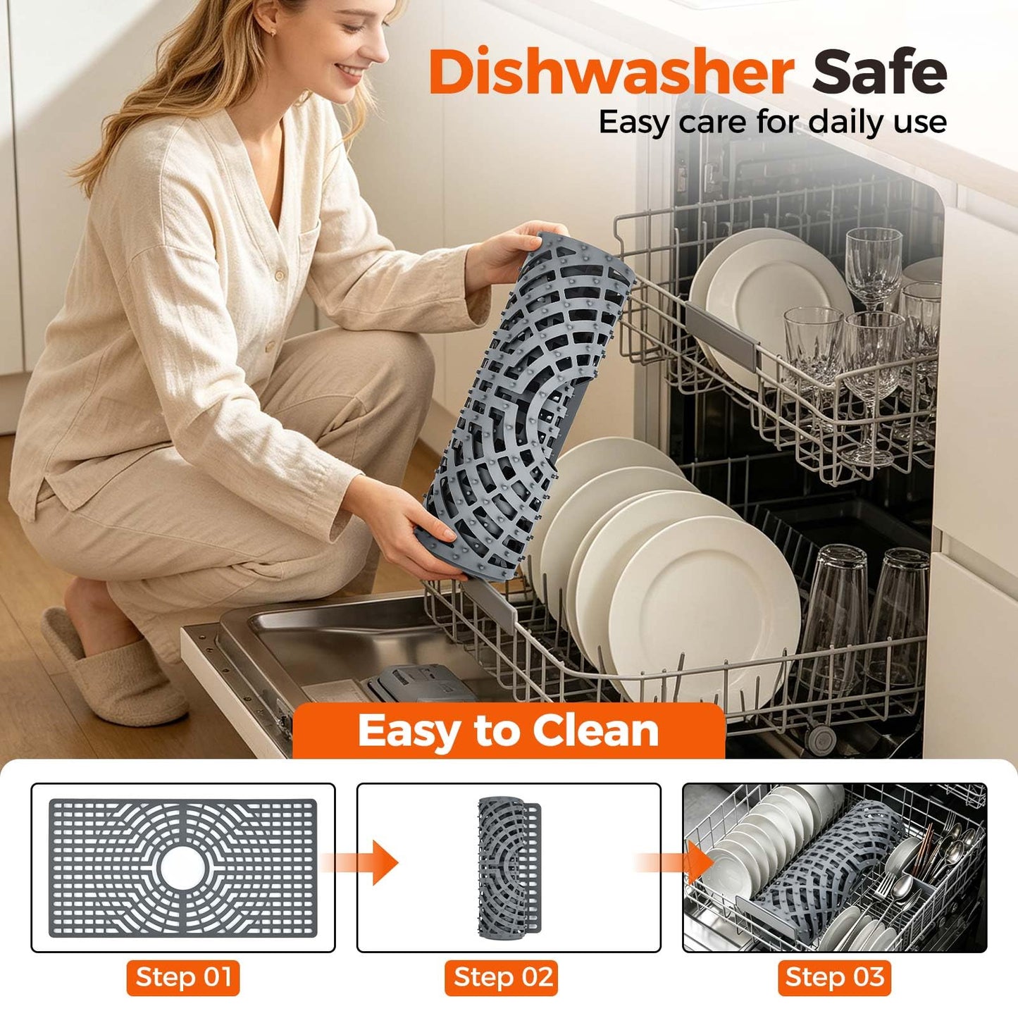 Snuggery Silicone Sink Protector 28"x15" Center Drain Hole, Heat Resistant Non-slip Dishwasher Suitable, Large Mat for Bottom of Farmhouse Kitchen Stainless Steel Sink(Grey)