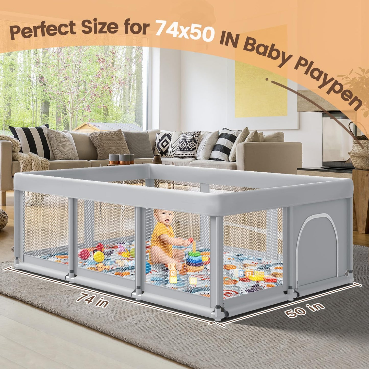 Fshibila 74" × 50“ Baby Play Mat for Playpen, Baby Playmat for Floor, Thick Ultra Soft Play Mat for Babies and Toddlers Infants Playing or Crawling, Grey