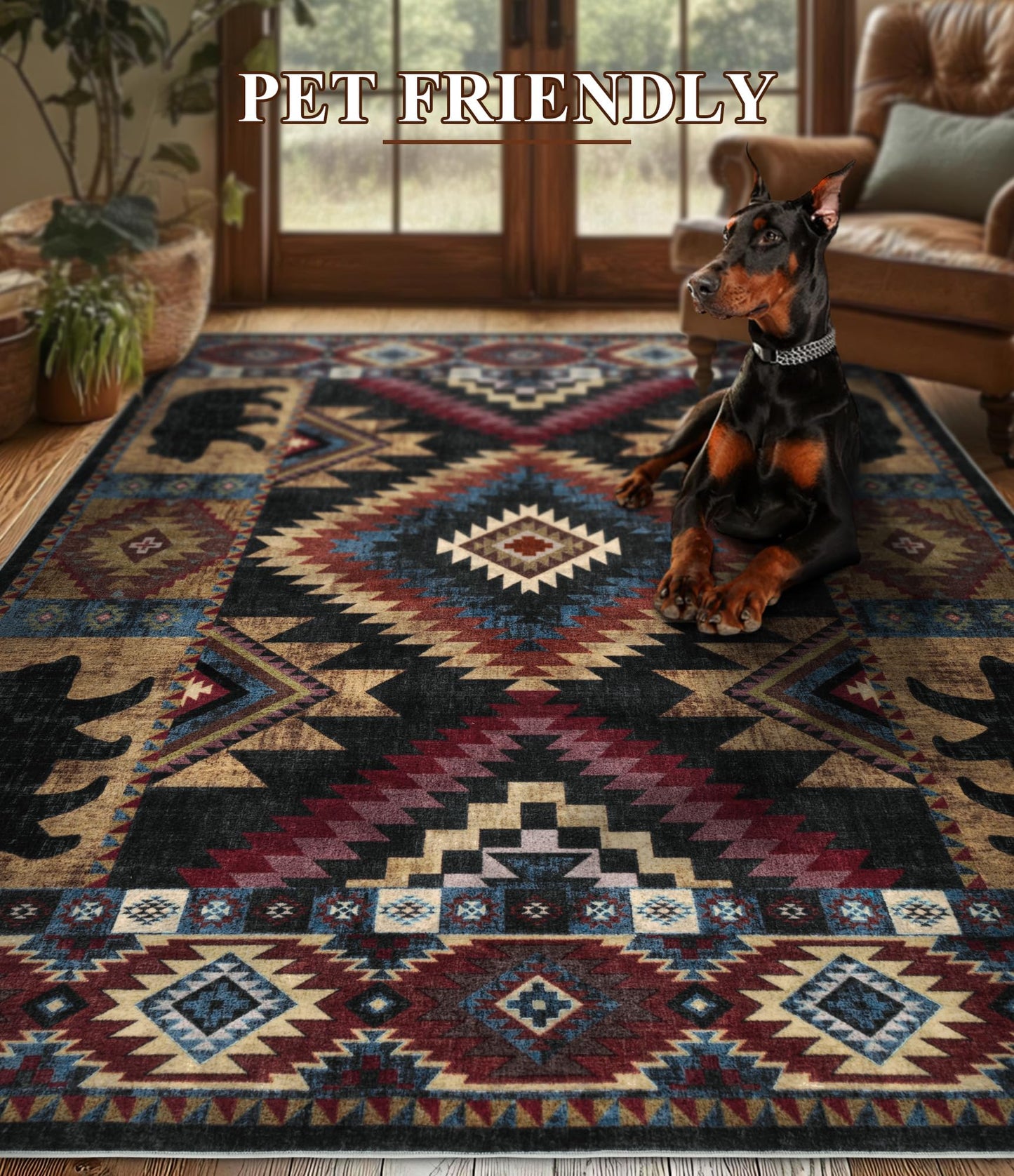YIHOUSE Rustic Cabin Area Rug 4x6,Machine Washable Lodge Bear Rug,Non-Slip Low Pile Print Pattern Western Aztec Rug for Living Room Bedroom