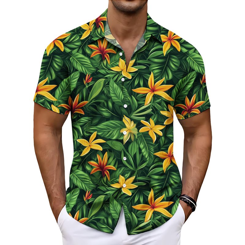Mens Hawaiian Button Up Shirt Beach Vacation Cruise Tee Summer Tropical Palm Leaf Shirts Casual Unique Pattern Comfy Tops