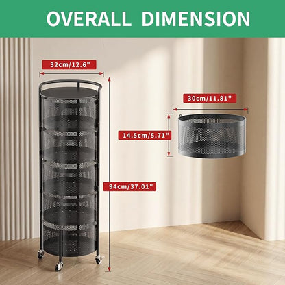 JAQ No Assembly 5-Tier Kitchen Storage Cart with Wheels, Rotating Produce Organizer for Onion, Potato & Vegetable Storage, Large Capacity Pantry Storage Rack, Black