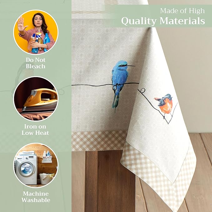 Maison d' Hermine Table Cloth Rectangle Table 100% Cotton 70 x 90 Inches Tablecloth Reusable Decorative for Dining Room, Farmhouse, Home, Party, Festive & Wedding Spring Summer - Birdies On Wire