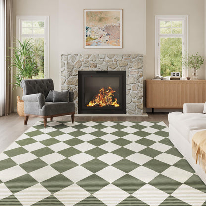 ARKIIKI 5x7 Washable Checkered Rugs for Bedroom, Green and White Area Rug for Living Room, Geometric Faux Wool Carpet for Kids, Girls, Boys Playroom, Dorm, Nursery, Dining Room, Kitchen, Non Slip
