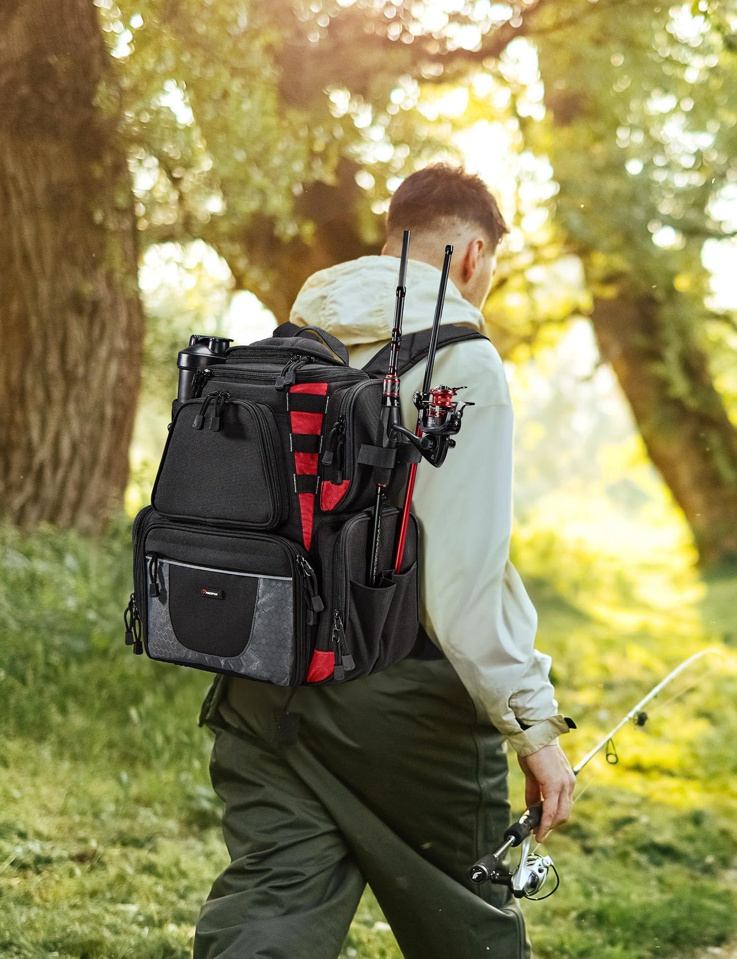 Piscifun Fishing Backpack with 2 Rod Holders, 4 Boxes & Rain Cover, Black
