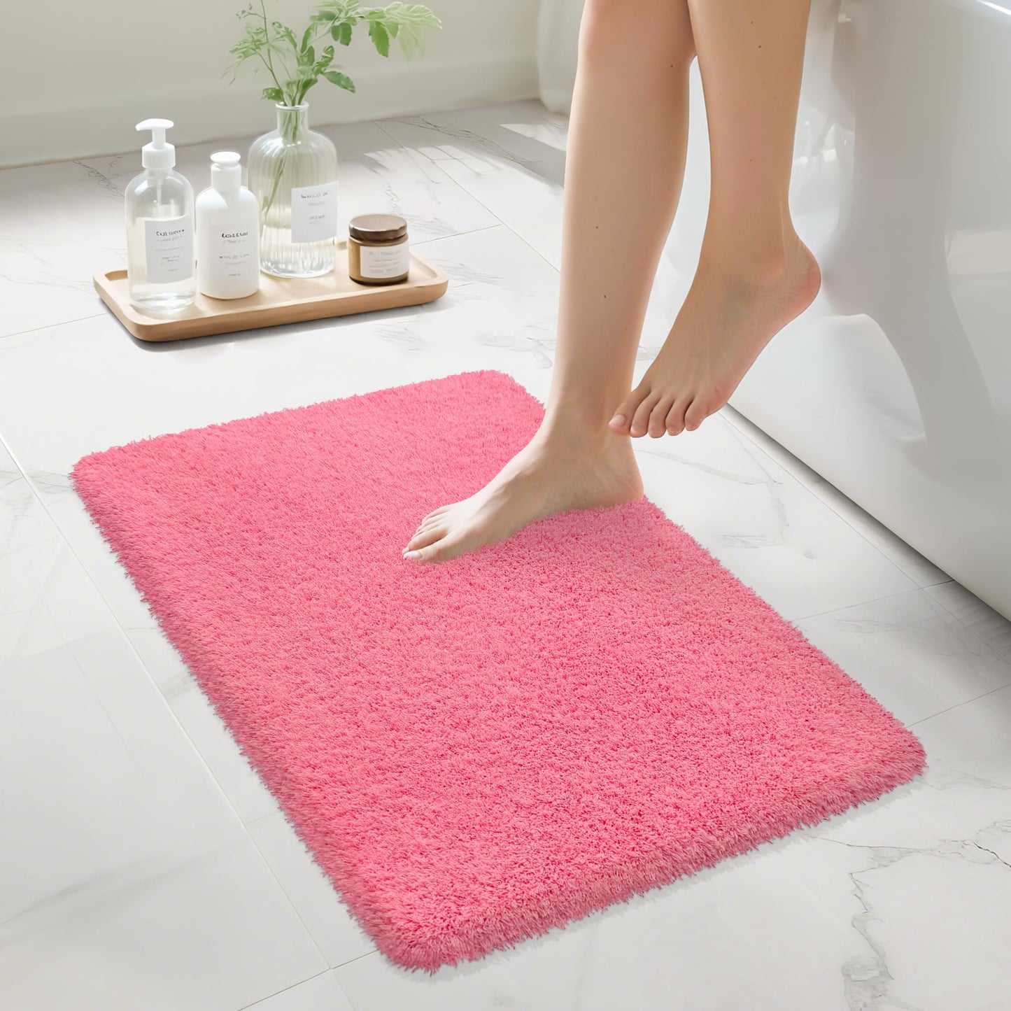 MondayRug Bathroom Rugs Non Slip 24"x16", Absorbent Bath Mats Quick Dry, Shaggy Microfiber Bath Rugs, Extra Soft Plush, Machine Washable Bath Mats for Bathroom Floor, Tub and Shower, Pink
