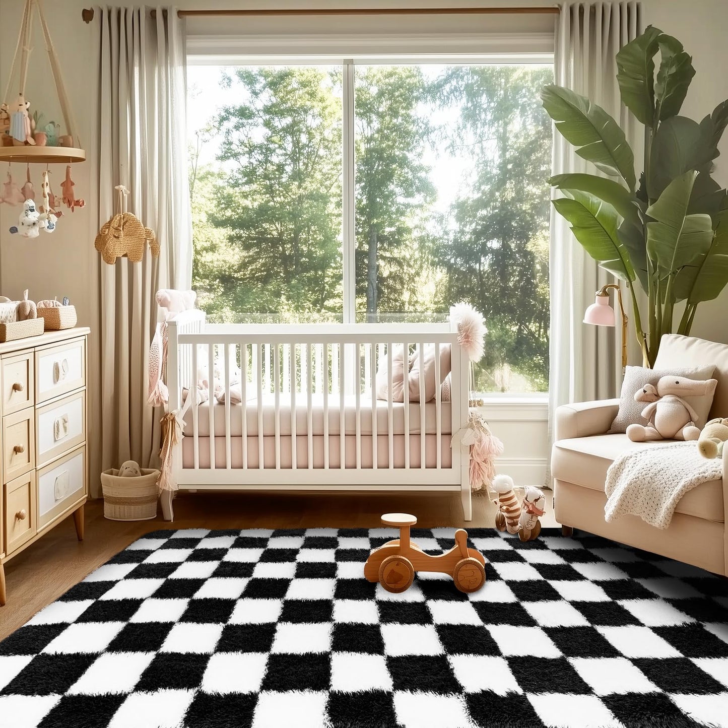 Ecoshag Soft Rugs for Living Room, 5x7 Ft Black and White Checkered Fluffy Shaggy Rugs for Indoor Use, High Pile Ultra Fuzzy Rug for Bedroom Kids Nursery Rooms,Home Decor Aesthetic