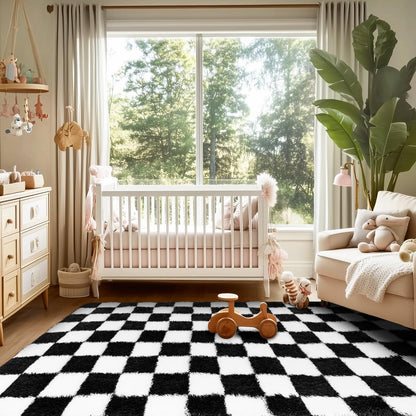 Ecoshag Soft Rugs for Living Room, 5x7 Ft Black and White Checkered Fluffy Shaggy Rugs for Indoor Use, High Pile Ultra Fuzzy Rug for Bedroom Kids Nursery Rooms,Home Decor Aesthetic