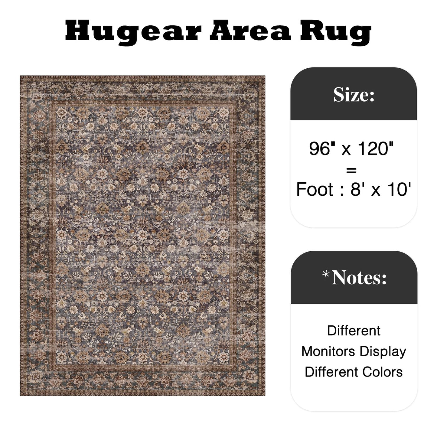 HUGEAR 8x10 Machine Washable Rugs Tradition Brown Hallway Large Area Rug Indoor Accent Rug Floral Low Pile Carpet Soft Throw Aesthetic Rug Bedroom Living Room Office Dining Room Kitchen Laundry Room