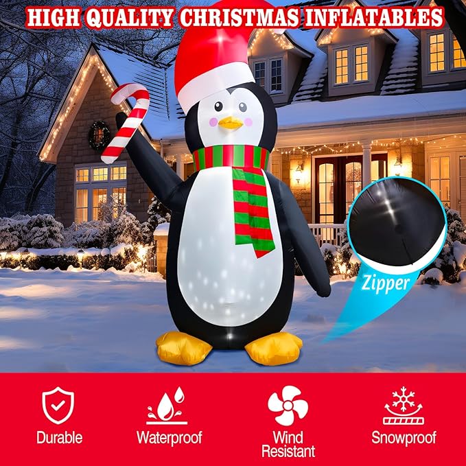 [Flash Light] 12FT Giant Christmas Inflatable Penguin Wear Santa Hat & Scarf Hold Candy Cane Decoration, Christmas Blow Up Penguin inflatable Built-in 4 White LED and 1 Flash Light Xmas Decor
