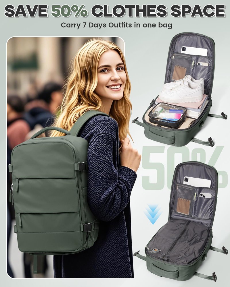 Vacuum Backpack Travel Compression Bags with Air Pump for Carry On Luggage Seal Backpack for Men Waterproof 18x14x8 inches Personal Item Travel Bag with Vacuum Compression for Women - Green