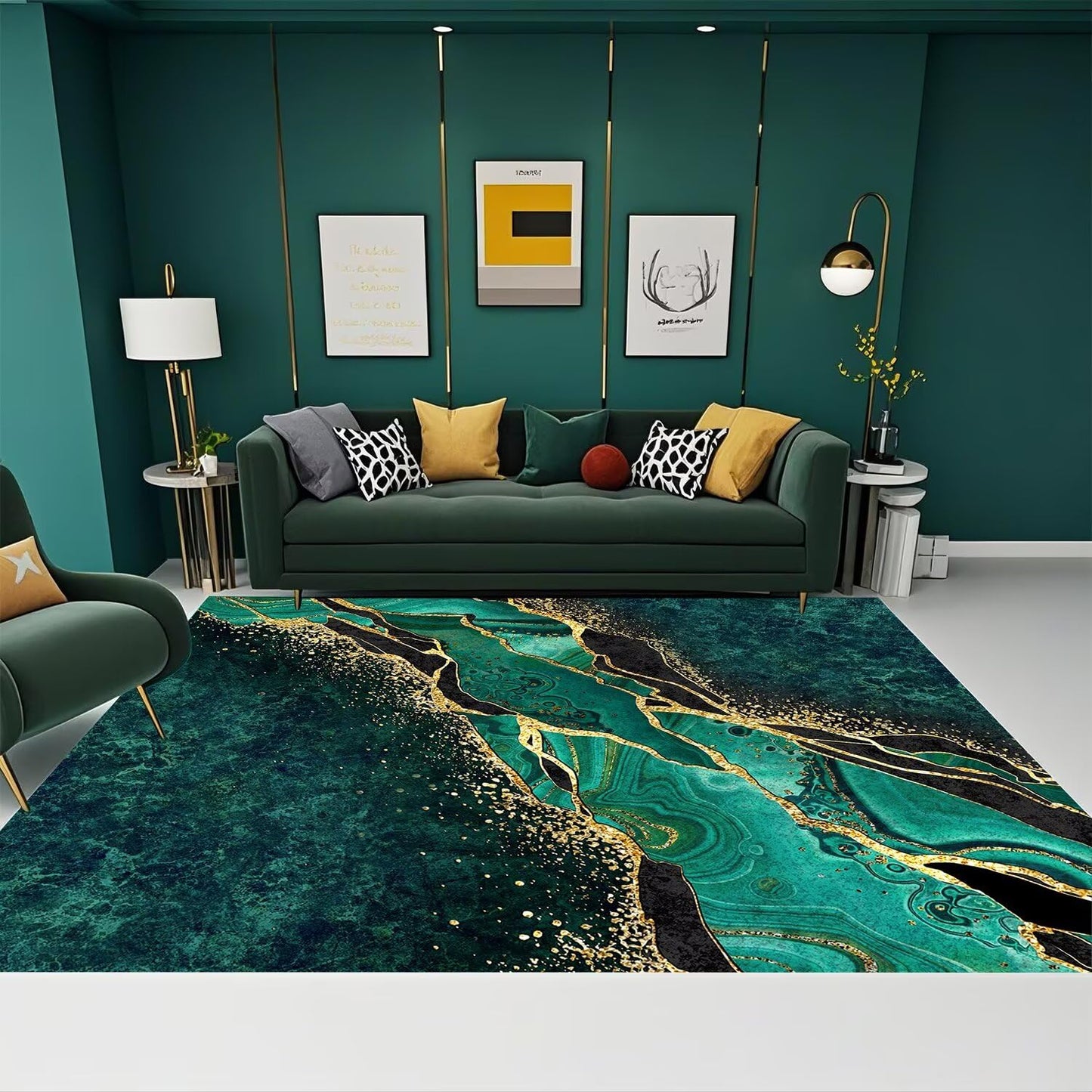 Qmkmyy Luxury Emerald Green Black Gold Marble Abstract Bedroom Rugs 5'x8' for Living Room Modern Aesthetic Glitter Area Rug Soft Cozy Carpet Floor Mats