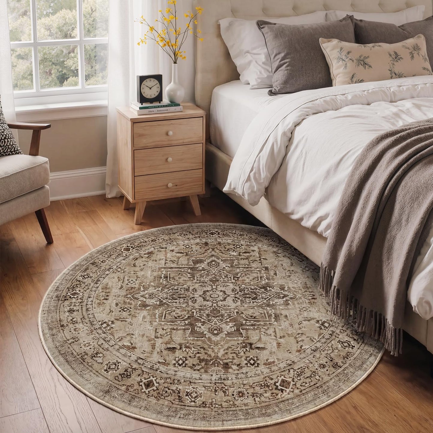 Jainmy Neutral Brown Round Washable Rugs 5ft, Farmhouse Vintage Medallion 5 Feet Circle Rug for Living Room Under Coffee Table, Low Pile Thin Non Slip 5x5 Round Carpet for Dining Room/Bedroom/Entry