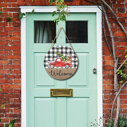 Harooni Christmas Welcome Front Door Sign for House Merry Christmas Holiday Decoration Hanging Sign Red Truck Xmas Round Wood Wreaths for Home Wall Porch Yard Garden Farmhouse Christmas Day 12"x12"