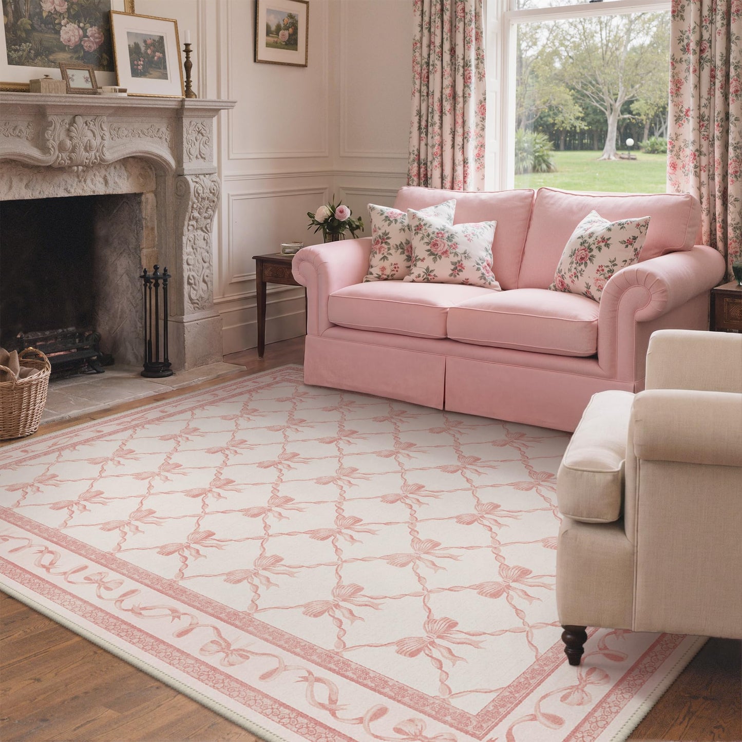 GENIMO 5X7 Pink Rug for Girls Bedroom, Machine Washable Nursery Light Pink Pastel Area Rug, Bow Pattern Floral Soft Cute Low Pile, for Teen Room Living Room, Playroom Dorm Room Home Decor